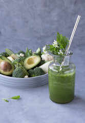 Set of natural products rich in vitamin K and green smoothie . Healthy food concept.