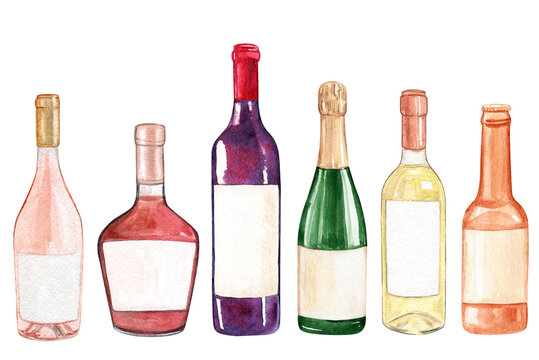 watercolor alcohol bottles set isolated on white background. Wine, beer, whiskey packages hand drawn illustrations