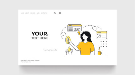 Online pay concept landing page. Online money transfer concept. Woman transfer money