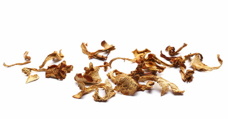 Dried chanterelle mushroom, (Cantharellus cibarius) isolated on white