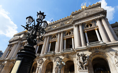 Front view of the Opera National de Paris. Grand Opera is famous neo-baroque building in Paris. Designed by Charles Garnier in 1875. Paris, France