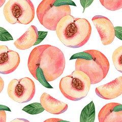 Watercolor peach seamless pattern on white background
