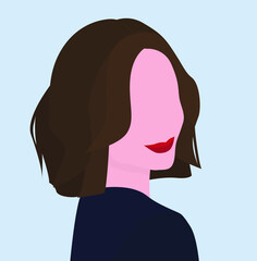 Vector flat image of a young girl with red lips. Lady with short brown hair in a blue sweater. Design for avatars, posters, backgrounds, templates, textiles, postcards.