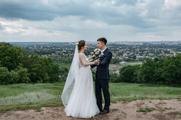 The bride and groom on the background of a cloudy sky. A beautiful veil flutters in the wind.