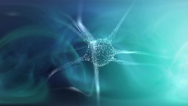 Artistic neuron cell in the brain light pulses animation background.