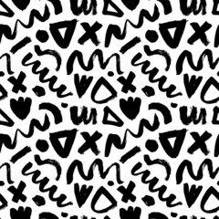 Vector seamless pattern in Memphis style. Hand drawn geometric brush strokes. Black ink stains and grunge texture. Handdrawn curved and wavy lines with grunge circles, triangles and crosses.