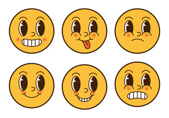 Set of retro smile stickers. Groovy collection different emotions. 70s vibe art. emoji in vintage style.