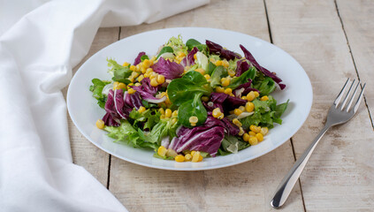Tuna salad with lettuce, spring onions, brussels sprout, cabbage, arugula, radish and canned tuna. Vitamin salad. Wooden table, close up.