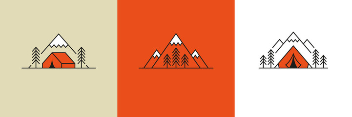 Linear camping illustrations set with mountains, pine trees and tent.