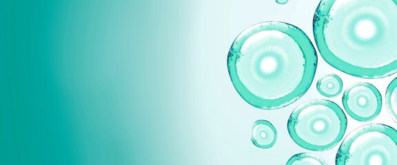 Sky blue abstract bubbles banner with copy space left.3d illustration micellar water. Reprodoctology, petrium dishes,oxygen molecules.Laboratory research and scientific.Transparent liquid, human eggs - obrazy, fototapety, plakaty