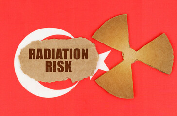 On the flag of Turkey, the symbol of radioactivity and torn cardboard with the inscription -...
