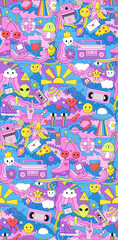 Abstract seamless pattern with cartoon characters, retro and vintage objects. Hand drawn doodles. 80s - 90s trendy style vector illustration.