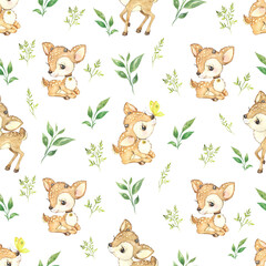 Watercolor seamless pattern with fawns. Little deer , baby pattern, baby print © Vladimir Savin