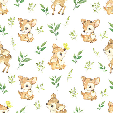 Watercolor seamless pattern with fawns. Little deer , baby pattern, baby print