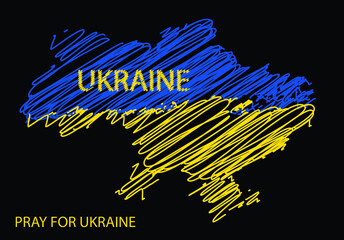 Conceptual map of Ukraine in the colors of the Ukrainian flag, vector illustration. 
Pray for Ukraine. Save Ukraine from Russia.