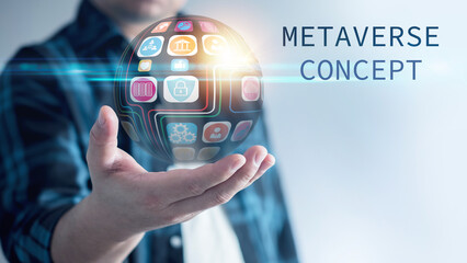 Metaverse Technology concepts. touching to virtual world, big data with internet connection for metaverse. Businessman using mobile smart phone, technology concept. computing, database, achievement..