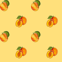 Summer watercolor pattern with apricots on yellow background