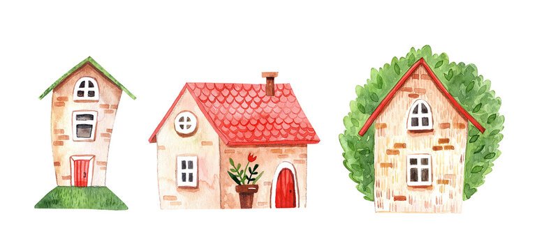 Watercolor illustration of summer houses with cake, strawberry, flowers and hearts.
