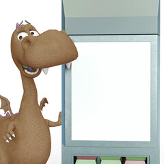 baby dragon cartoon besides a sell machine in a white background close up