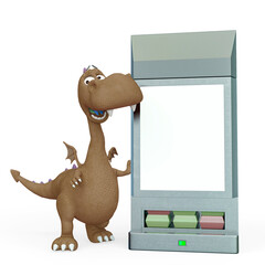 baby dragon cartoon besides a sell machine in a white background