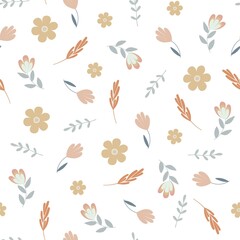 Simple pastel-colored floral seamless pattern, flowers, leaves flat style vector illustration, symbol of spring, cozy home, holiday celebration decor perfect for textile, fabric, springtime decoration