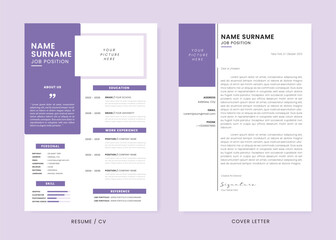 Minimalis CV Resume and Cover Letter Design Template. Super Clean and Clear Professional Modern Design. Stylish Minimalis Elements and Icons with Purple Color - Vector Template - obrazy, fototapety, plakaty