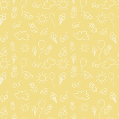 Happy summer doodle seamless pattern on yellow background
