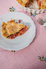 single slice of rhubarb pie on white plate, pink tablecloth with blue roses