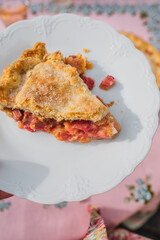 single slice of rhubarb pie on white plate, pink tablecloth with blue roses