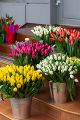 Many different colors on the stand table in the flower shop. Showcase. Background of mix of flowers. Beautiful flowers for catalog or online store. Floral shop and delivery concept.