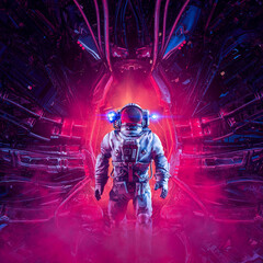 Extraterrestrial encounter - 3D illustration of science fiction astronaut exploring alien space ship interior - 500122586