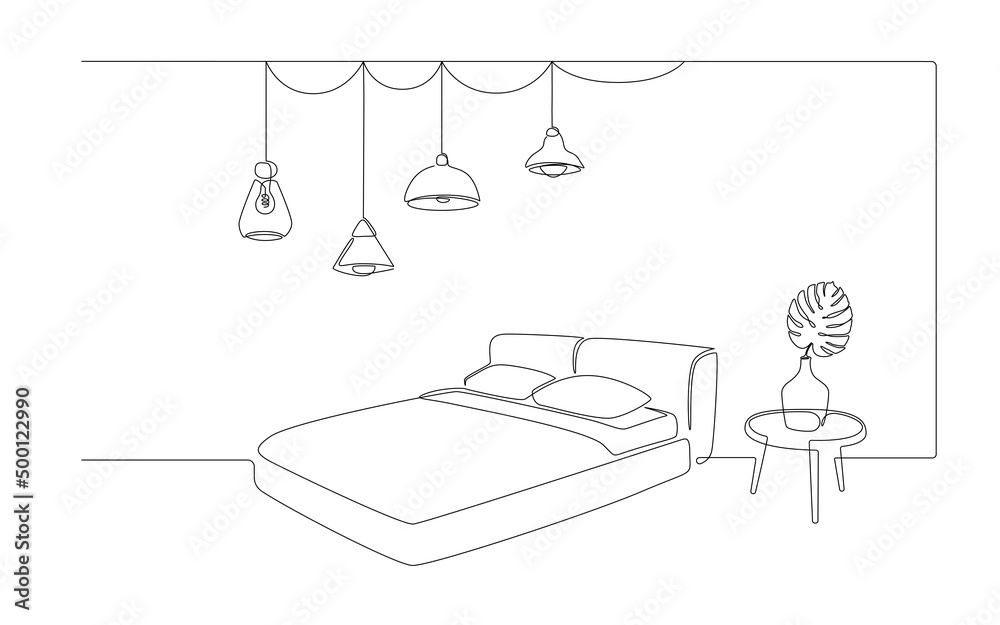 Poster continuous one line drawing of bed and table with vase with monstera leaf and hanging loft lamps. sc