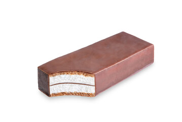 Vanilla mousse chocolate glaze candy bar on a white isolated background