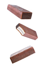 Vanilla mousse chocolate glaze candy bar on a white isolated background