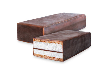 Vanilla mousse chocolate glaze candy bar on a white isolated background