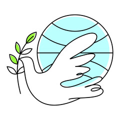 Dove of Peace with olive branch. Pigeon icon. Linear drawing dove with twig on background of Earth. Bird with wings linear style
