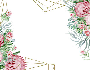 Obraz premium Watercolor hand-painted frame for decoration with golden elements and proteas, flowers and green palm leaves. Vintage floral design template. Frame for wedding invitations, anniversaries, holidays.