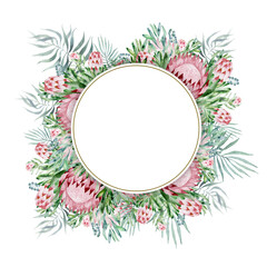 Watercolor hand-painted in a gold frame with protea, flowers and green palm leaves. Vintage floral design template. Circular frame for wedding invitations, anniversaries, holidays.