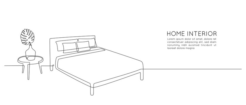 Continuous one line drawing of bed and table with vase with monstera leaf. Scandinavian stylish furniture for sleep bedroom in simple Linear style. Editable stroke. Doodle vector illustration