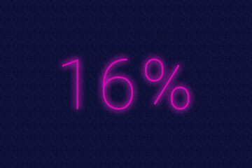 16% percent logo. sixteen percent neon sign. Number sixteen on dark purple background. 2d image