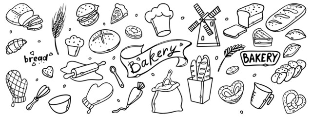 Bakery products and kitchenware for design menu. Outline Hand drawn doodles Bakery Set vector illustration.