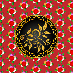Pattern design vector of realistic flowers with golden black ornament frame on solid red color