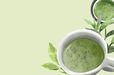 Matcha green tea hand drawn collection with hot drink illustration. Japanese ceremony relax meditation lifestyle.