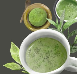 Matcha green tea hand drawn collection with hot drink illustration. Japanese ceremony relax meditation lifestyle.