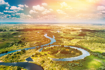 Aerial View Of Summer Curved River Landscape In Sunny Summer Day. Top View From High Attitude In...