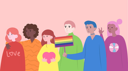 Non-binary international people: lesbians, gays, transgender people, queers and other representatives of the LGBTQ community. Pride Month.Flat vector illustration
