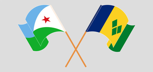 Crossed and waving flags of Djibouti and Saint Vincent and the Grenadines