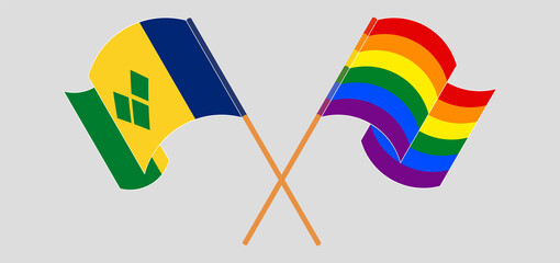 Crossed and waving flags of Saint Vincent and the Grenadines and LGBTQ