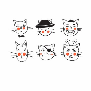 Vector illustration of cute cat faces. Concept for poster prints and postcards. 