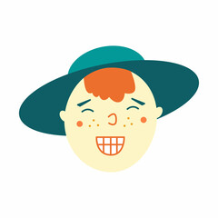 Vector illustration with face of smiling boy in a hat isolated on white background.